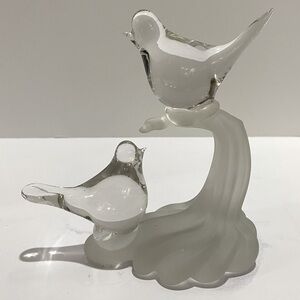 Vintage Figurine 2 Clear Glass Doves/Love Birds on Frosted Glass Branch  or Wave